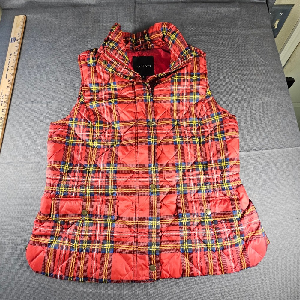 Talbots Womens Red Tartan Plaid Quilted Down Vest Size M Snap Front Pockets